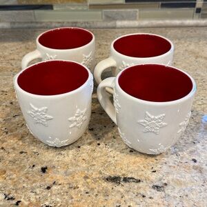 Pottery Barn White and Red Snowflake Mugs Set